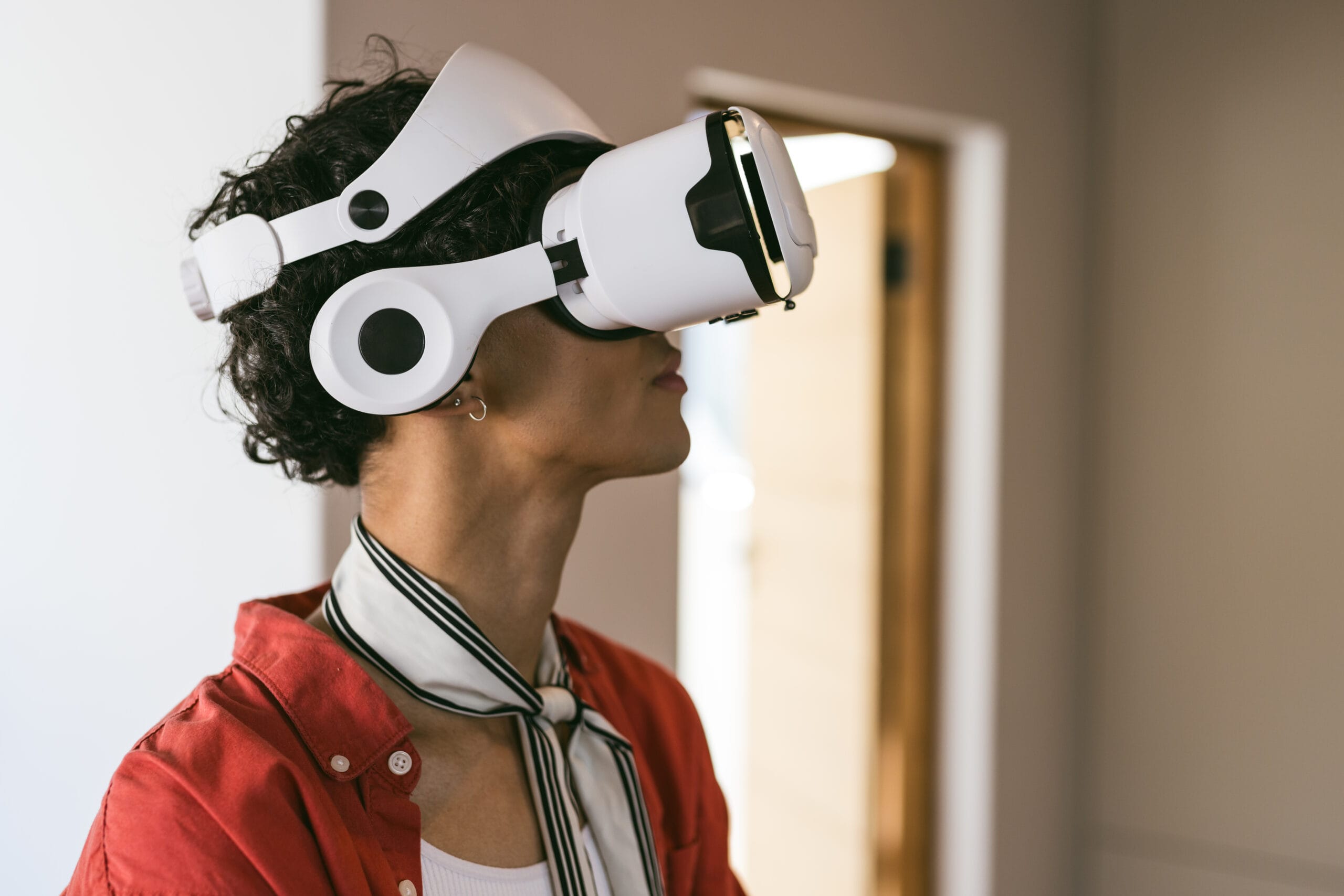 a woman wearing a virtual reality headset